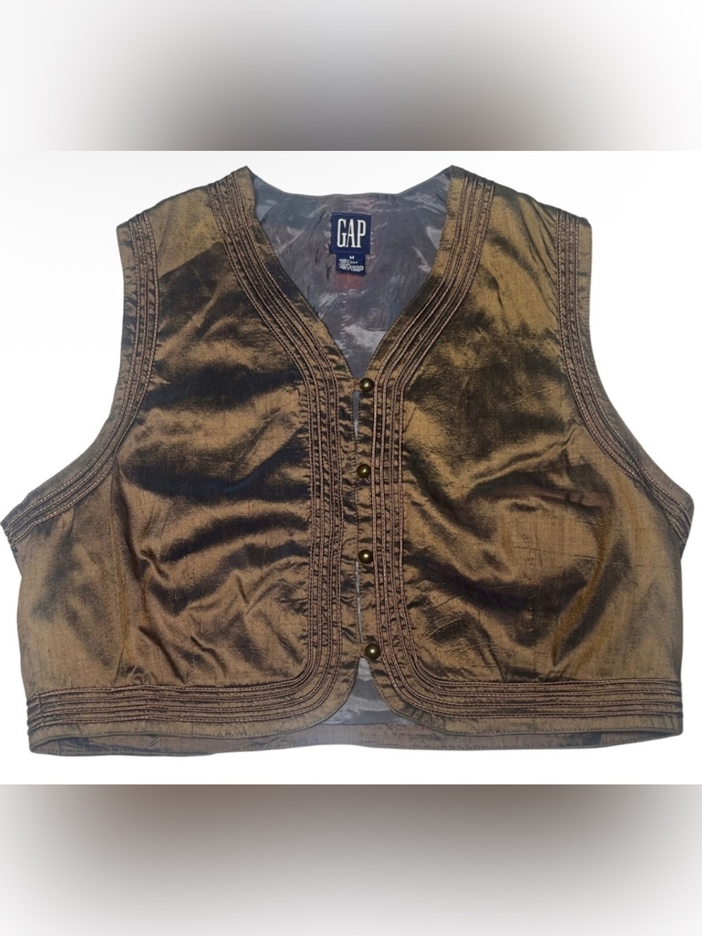 Vtg Gap M Womens 100% Silk Vest Cropped Button Front Bronze Iridescent 80s Rare